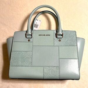 MICHAEL KORS. Selma Celadon Satchel Embossed Leather. Light Blue/Greenish Color